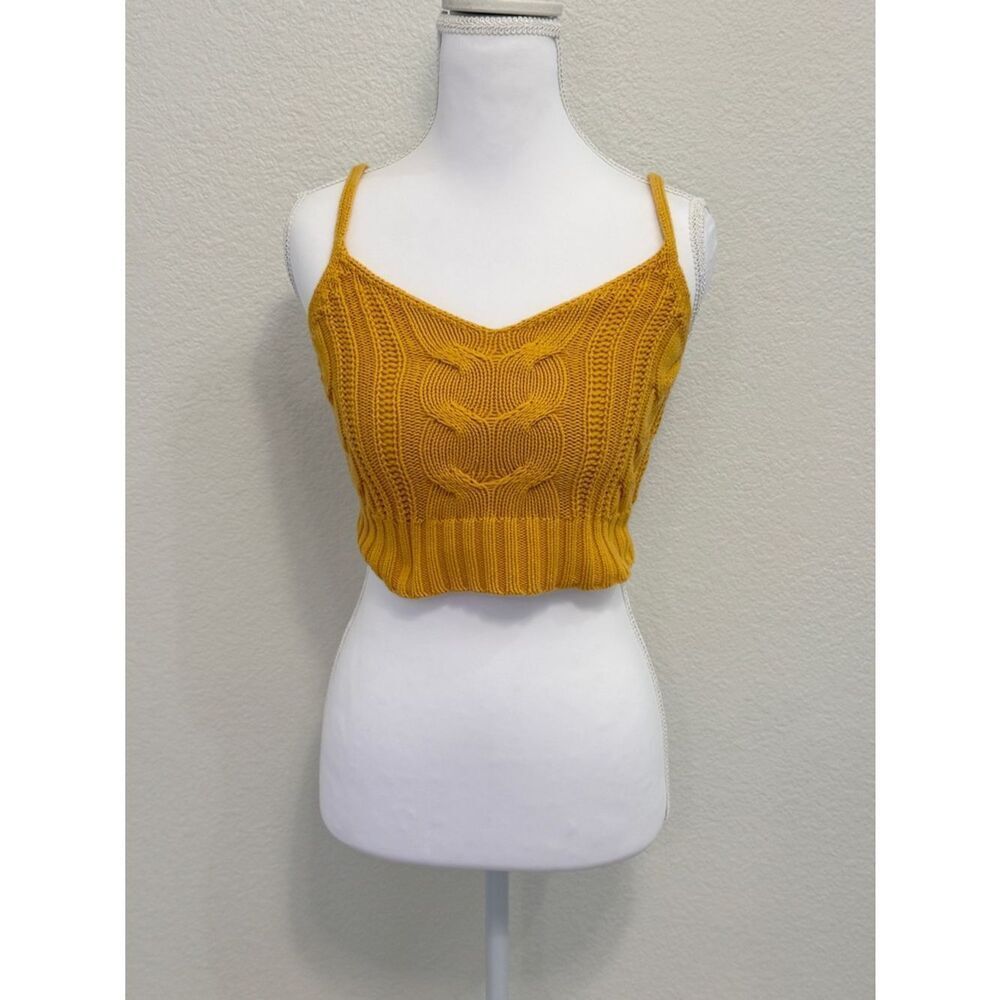 American Eagle Mustard Yellow Cable Knit Crop Cami Sweater Tank Top XS‎